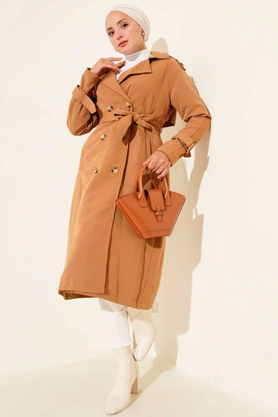 Apoletli Kruvaze Yaka Trençkot Camel - Resim 2