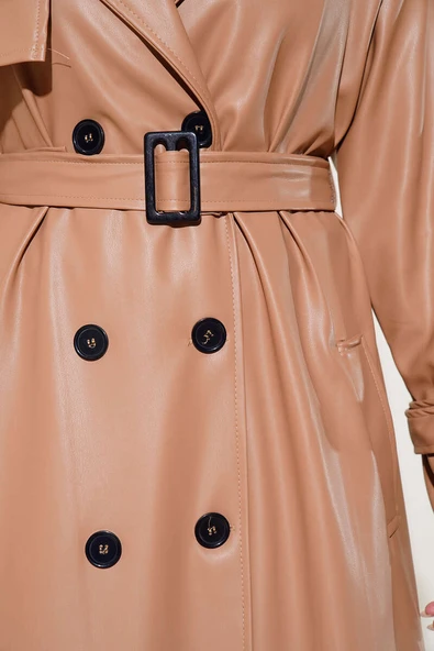 Düğmeli Kuşaklı Deri Trençkot Latte - Resim 4
