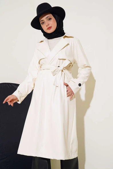 Tek Düğmeli Kuşaklı Deri Trençkot Ekru - Resim 2