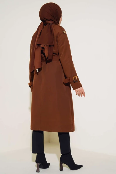 Apoletli Kruvaze Yaka Trençkot Taba - Resim 3