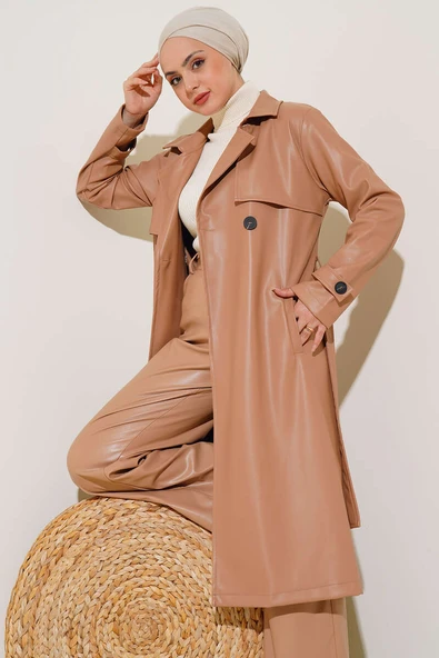 Tek Düğmeli Kuşaklı Deri Trençkot Latte