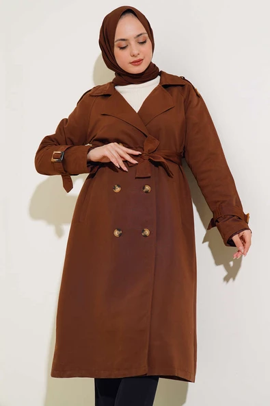 Apoletli Kruvaze Yaka Trençkot Taba - Resim 2