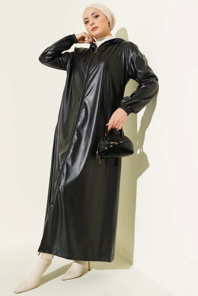 Deri Kol Lastikli Trençkot Siyah ürün görseli 1