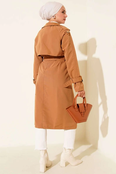Apoletli Kruvaze Yaka Trençkot Camel - Resim 3