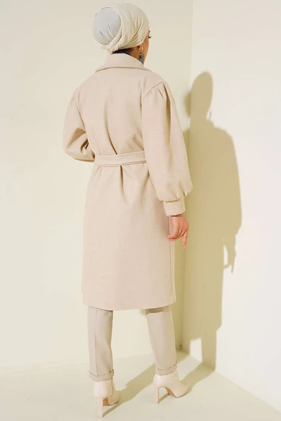 Balon Kol Düğmeli Kaşe Kaban Bej - 3