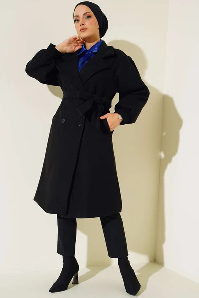 Balon Kol Düğmeli Kaşe Kaban Siyah