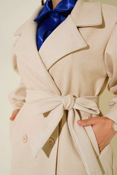 Balon Kol Düğmeli Kaşe Kaban Bej - 4