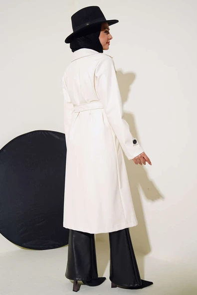 Tek Düğmeli Kuşaklı Deri Trençkot Ekru - Resim 3