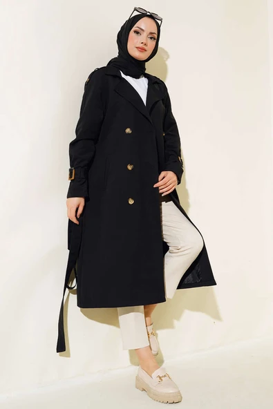Apoletli Kruvaze Yaka Trençkot Siyah - Resim 2