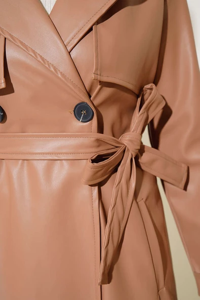 Tek Düğmeli Kuşaklı Deri Trençkot Latte - 4