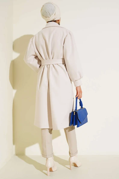 Balon Kol Düğmeli Kaşe Kaban Ekru - Resim 3