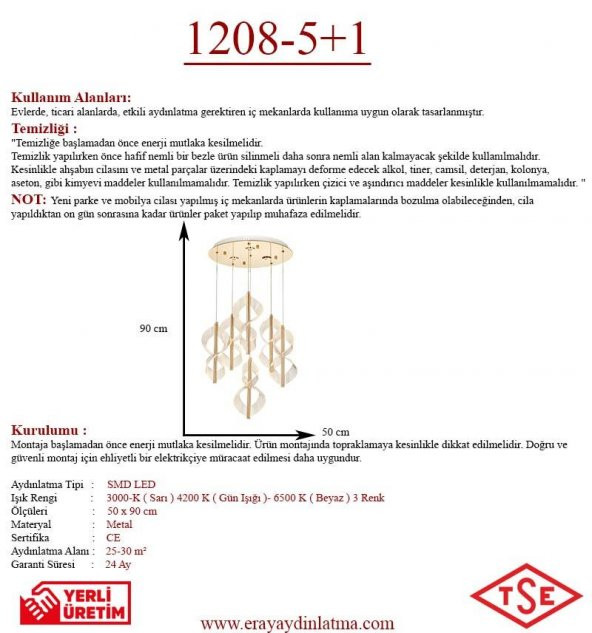 Eray Aydınlatma 1208-5+1 6 Li Sarı Led Avize - Resim 3