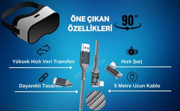 Cosmostech Meta Quest Sanal Gerçeklik Gözlüğü için Link Kablosu 1/2/3/Pro/Pico Uyumlu 3.2 Hızlı Data Kablosu 5m – G - 5