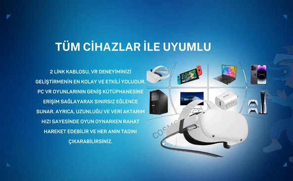 Cosmostech Meta Quest Sanal Gerçeklik Gözlüğü için Link Kablosu 1/2/3/Pro/Pico Uyumlu 3.2 Hızlı Data Kablosu 5m – G - 6
