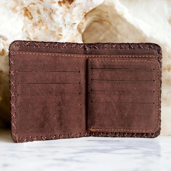 El Yapımı Kadın Cüzdan Vegan Deri Çiçekli Kuş Görselli Kahverengi Renk - Resim 3