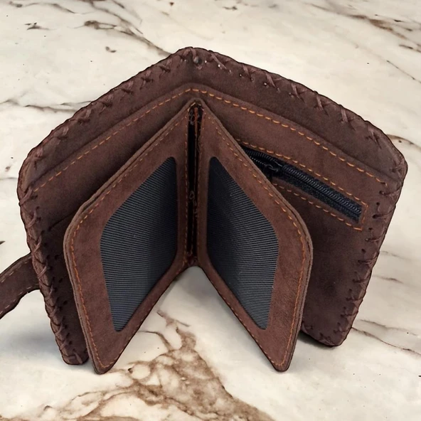 El Yapımı Kadın Cüzdan Vegan Deri Çiçekli Kuş Görselli Kahverengi Renk - Resim 6