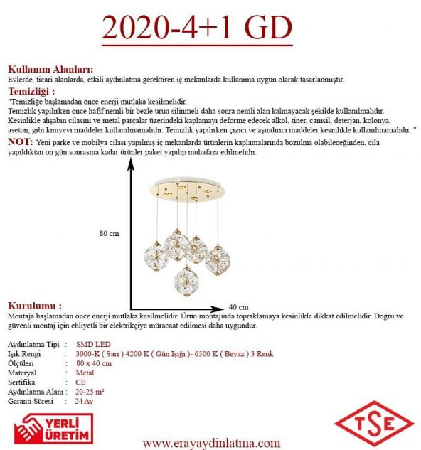 Eray Aydınlatma 2020-4+1 5li Sarkıt Led Avize - Resim 3