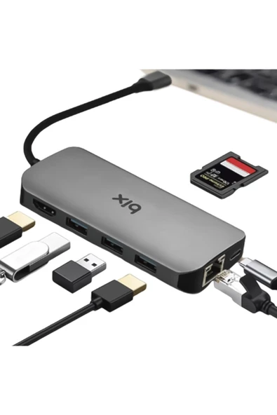 Bix BX10HB 8in1 Type-C Hub HDMI, PD Şarj, 1Gbps RJ45, 3x USB, Macbook Uyumlu Çoklayıcı Adaptör