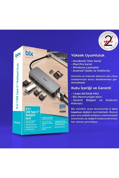 Bix BX10HB 8in1 Type-C Hub HDMI, PD Şarj, 1Gbps RJ45, 3x USB, Macbook Uyumlu Çoklayıcı Adaptör - 7