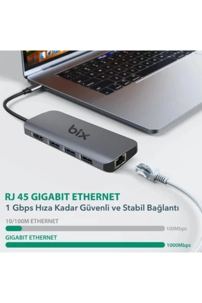 Bix BX10HB 8in1 Type-C Hub HDMI, PD Şarj, 1Gbps RJ45, 3x USB, Macbook Uyumlu Çoklayıcı Adaptör - 3