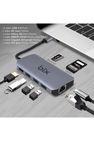 Bix BX10HB 8in1 Type-C Hub HDMI, PD Şarj, 1Gbps RJ45, 3x USB, Macbook Uyumlu Çoklayıcı Adaptör - 2