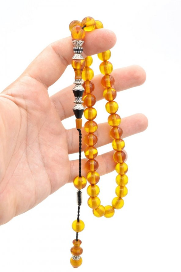 Pirinç Nakkaş İmameli Küre Sarı Sıkma Kehribar Tesbih - 3