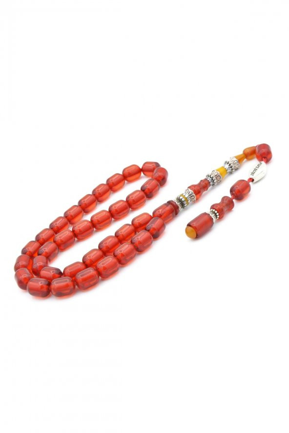 Pirinç Nakkaş İmameli Fıçı Kırmızı Sıkma Kehribar Tesbih - Resim 2