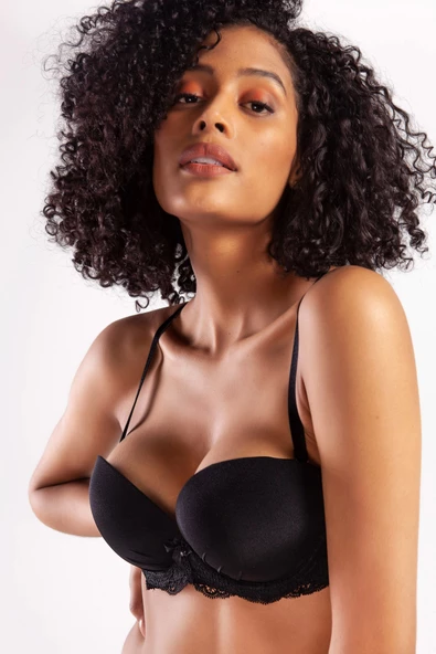 GRACIA A Plus Siyah Dantelli Destekli Push Up Strapless Sütyen