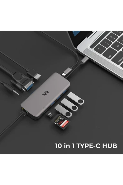 Bix BX11HB 10in1 Type-C Hub 4K30Hz HDMI - VGA, Aux, PD Şarj, 1Gbps RJ45, 3x USB 3.0, Micro SD / SD - 2