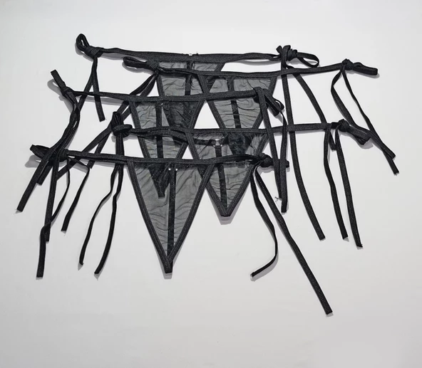 ASM1230 Kadın 5 Li Siyah Tül Enna String Tanga - 5