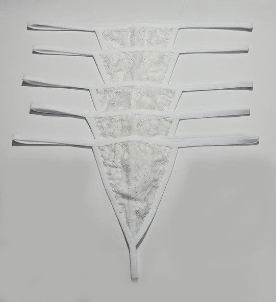 ASM1222 Kadın 5 Lü Ekru Lez Dantel Üç gen Sevgilim String - 4