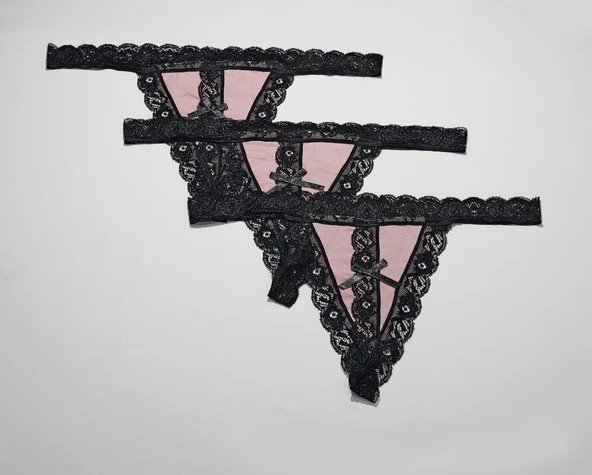 ASM1225 Kadın 3 Lü Siyah Pembe Kontes Tacı Özel String - 4