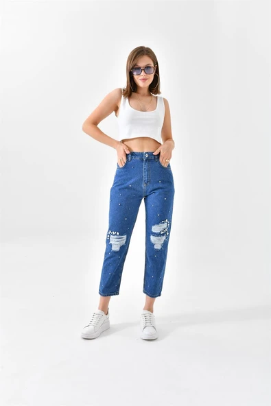 FTZ Women Kadın Taşlı Jean Pantolon Lacivert RBN3065