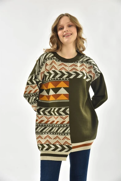 FTZ Women Kadın Etnik Desen Bluz  Haki 21-6269 - Resim 2