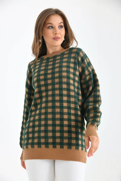 FTZ Women Kadın Kare Desen Bluz  Bisküvi 21-6334 - Resim 2