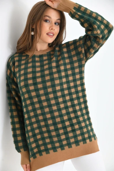 FTZ Women Kadın Kare Desen Bluz  Bisküvi 21-6334 - Resim 5