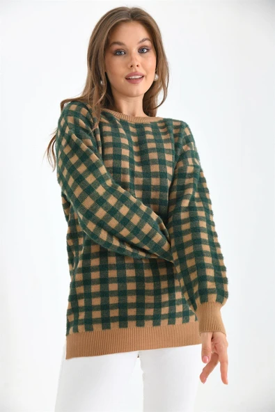 FTZ Women Kadın Kare Desen Bluz  Bisküvi 21-6334 - Resim 3