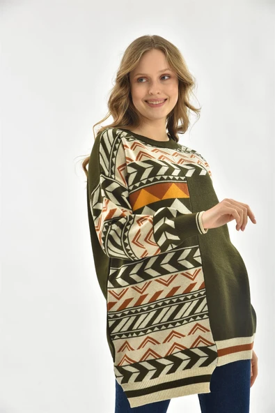 FTZ Women Kadın Etnik Desen Bluz  Haki 21-6269 - Resim 7