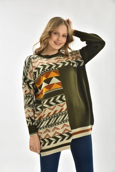 FTZ Women Kadın Etnik Desen Bluz  Haki 21-6269 - Resim 4