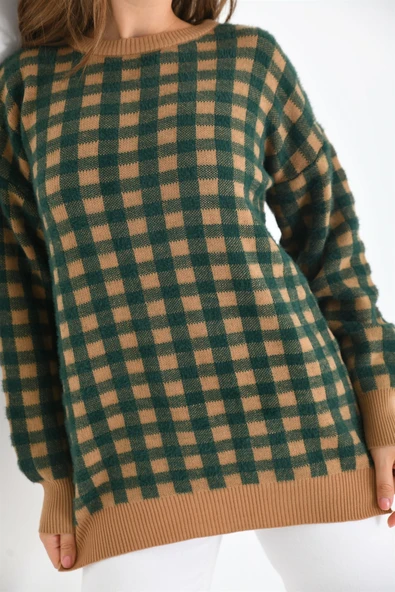 FTZ Women Kadın Kare Desen Bluz  Bisküvi 21-6334 - Resim 4