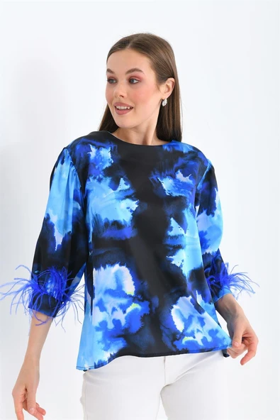 Ftz Women Kadın Tüğlü Saten Bluz Saks Mavi 30447 - 2