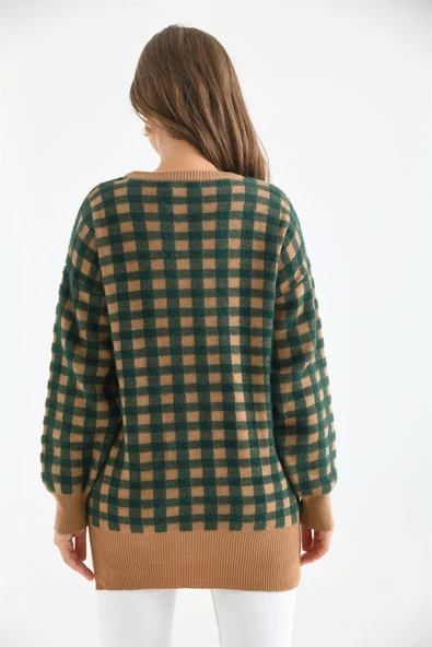 FTZ Women Kadın Kare Desen Bluz  Bisküvi 21-6334 - Resim 6