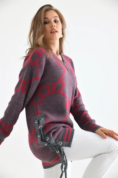 FTZ Women Kadın D Desenli Bluz  Gri 20051 - Resim 4