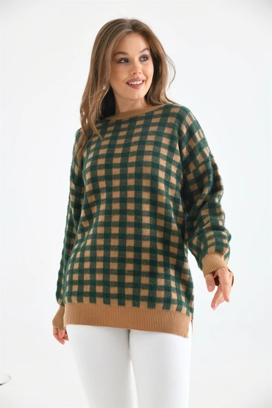 FTZ Women Kadın Kare Desen Bluz  Bisküvi 21-6334 - Resim 7