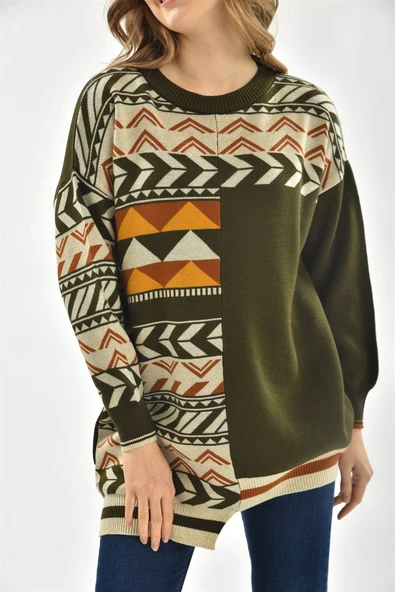 FTZ Women Kadın Etnik Desen Bluz  Haki 21-6269 - Resim 3