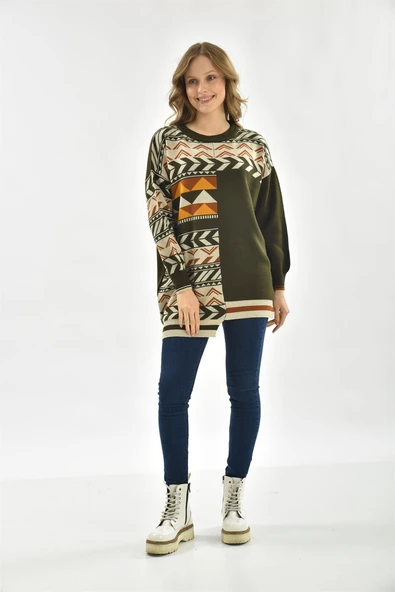 FTZ Women Kadın Etnik Desen Bluz  Haki 21-6269 - Resim 6