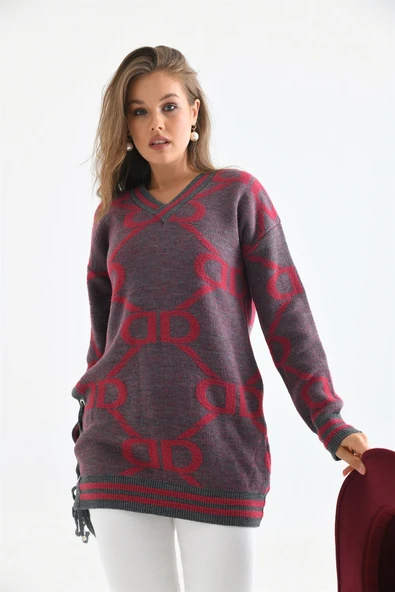 FTZ Women Kadın D Desenli Bluz  Gri 20051 - Resim 3