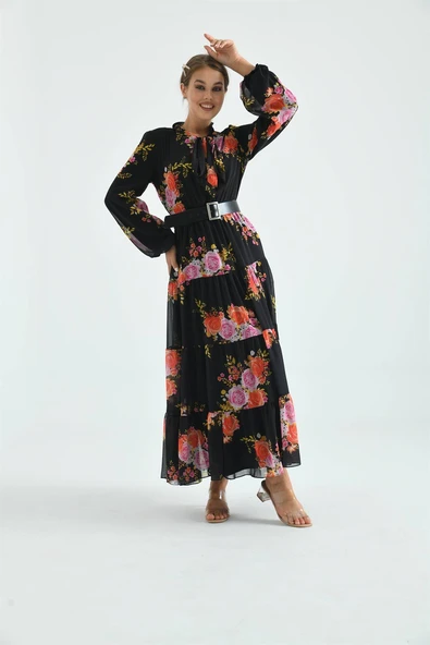 FTZ Women Kadın İpek Şifon Elbise  Siyah 30165 - Resim 6