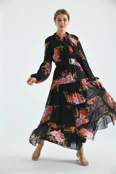 FTZ Women Kadın İpek Şifon Elbise  Siyah 30165 - Resim 4