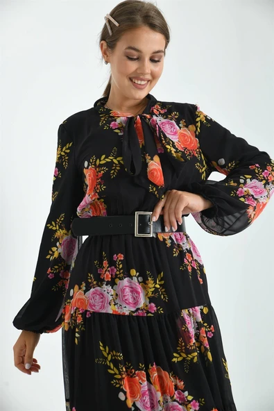 FTZ Women Kadın İpek Şifon Elbise  Siyah 30165 - Resim 7